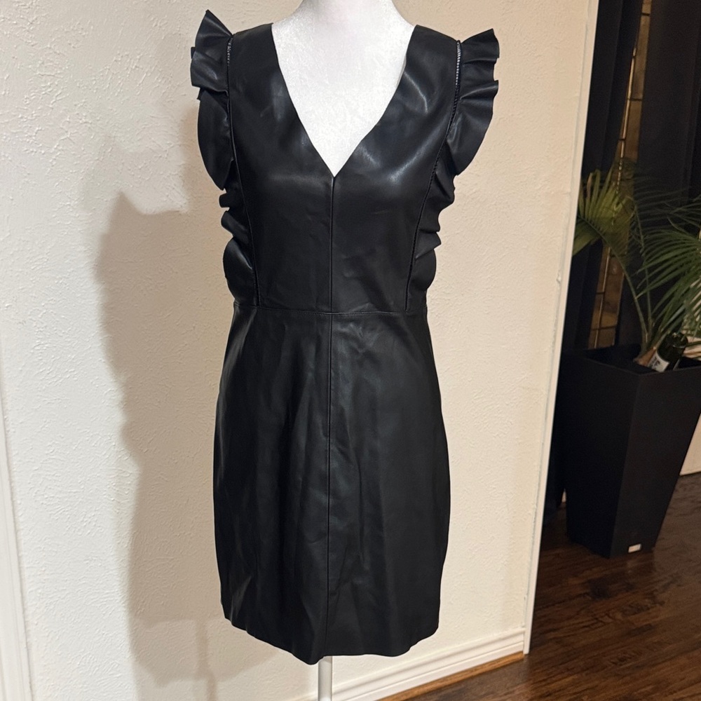 Zara Vegan Leather Ruffle Sleeve Mini Dress, Black, M